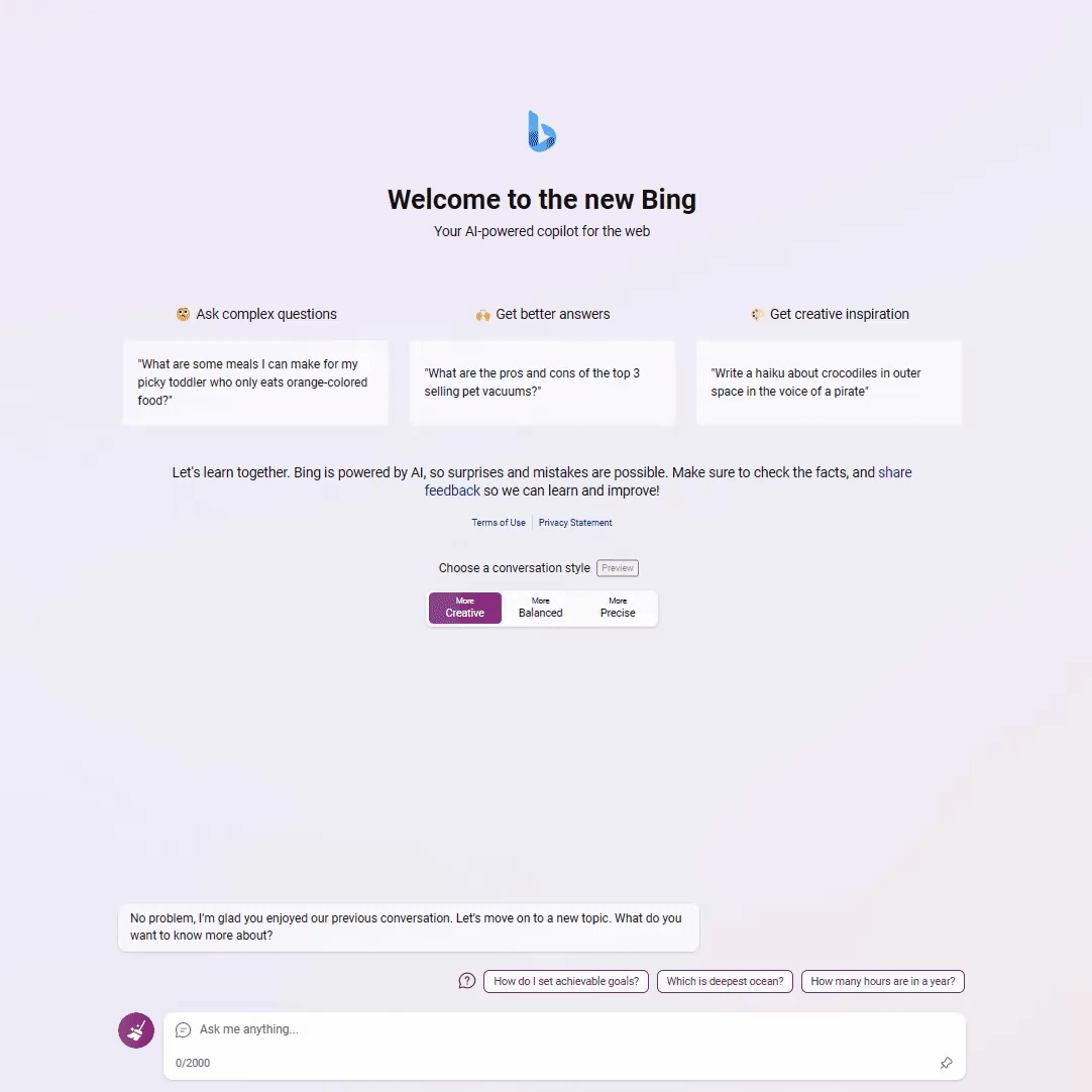 In Bing Chat, user types "create me an image of a shih tzu sailing a boat." Bing responds with four image options. User types "add university of michigan colors" and Bing responds with four images of shih tzus sailing boats that are decked out in maize and blue.