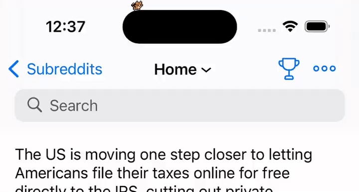 A GIF screen recording of an orange pixel art cat walking across the top of the Dynamic Island on a new iPhone 14 Pro, with a subreddit feed underneath