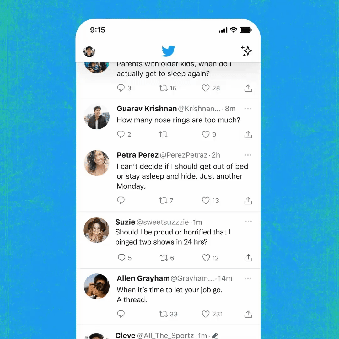A phone screen scrolling the Twitter timeline on a blue background. The scrolling stops when a small pencil icon appears and is enlarged. This pencil icon signifies that the Tweet has been edited.
