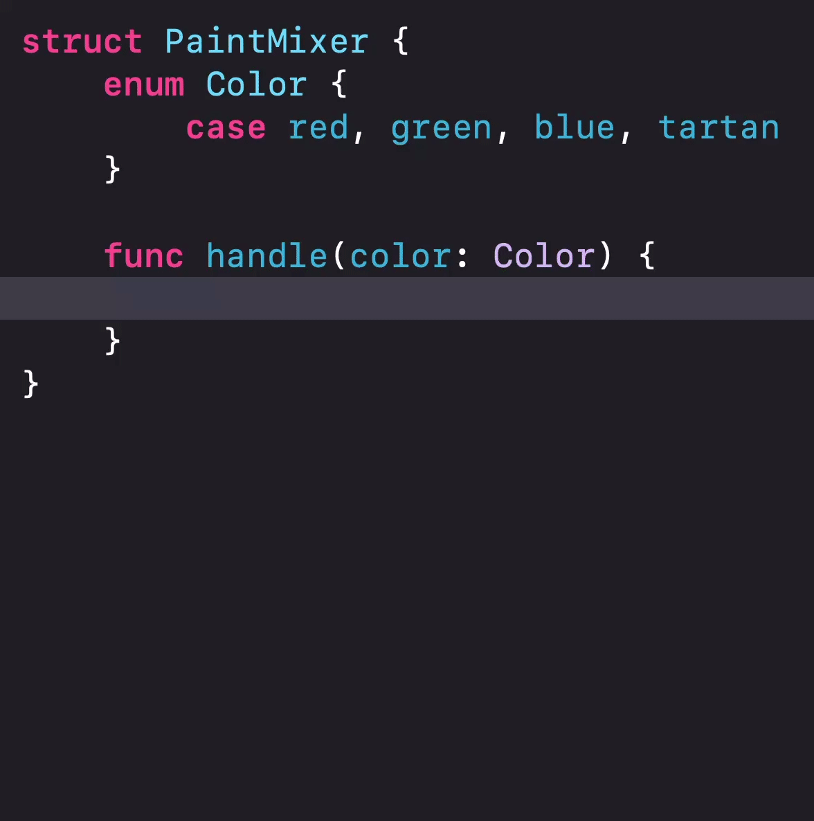 Me typing in Xcode. I start a switch statement using an enum, and Xcode completes all the possible cases for me.