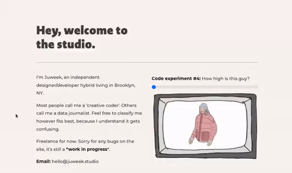 Juweek's website, filled with drawn animations of him working