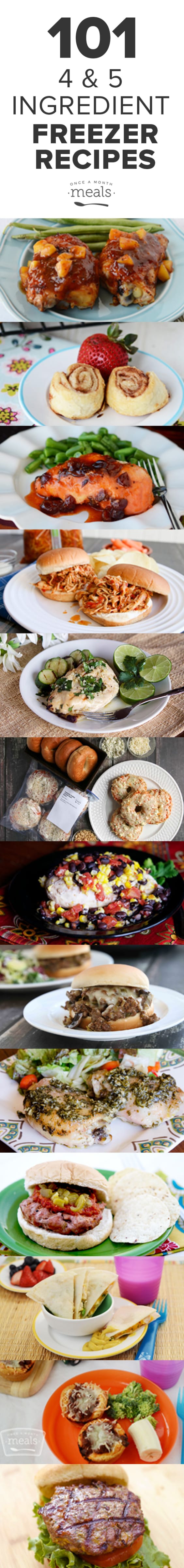 This list of 101 Four and Five Ingredient Freezer Meal Recipes is sure to save you money and time the next time you meal plan!