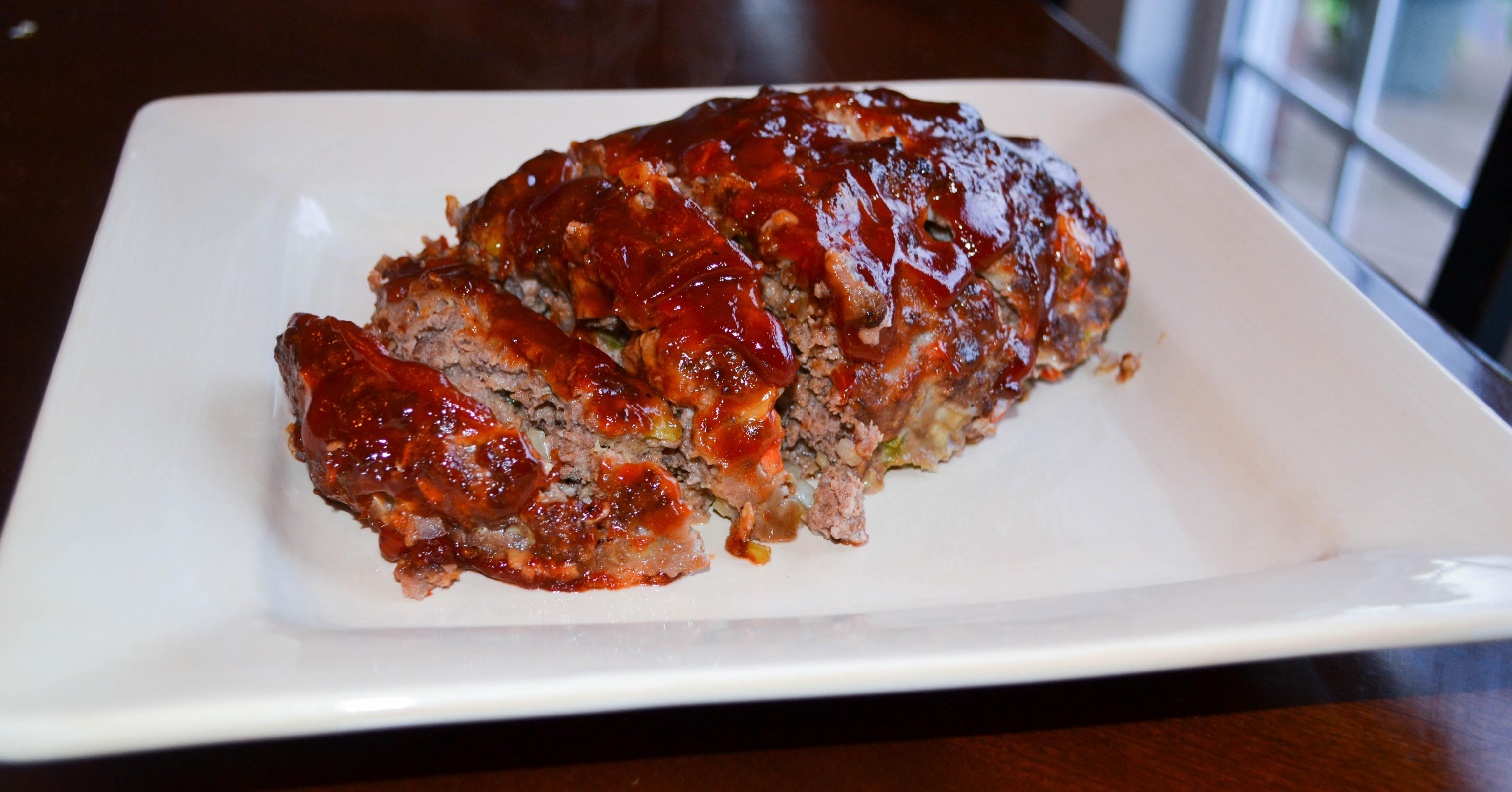 Balsamic Mustard Glazed Meatloaf with crispy onions and jalapenos