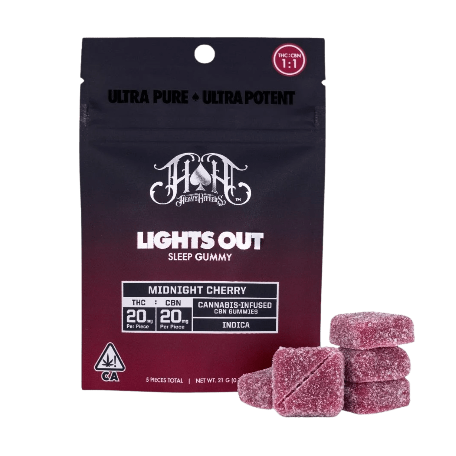 Midnight Cherry (I) | Lights Out 1:1 THC:CBN 100mg Gummies | Heavy Hitters