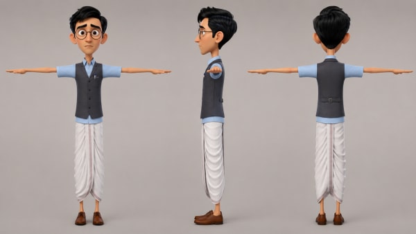 3D Cartoon Indian Male Character Turnaround T-Pose Reference Sheet
