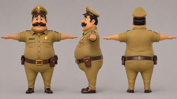 3D Cartoon Police Officer Character Turnaround T-Pose Reference Sheet