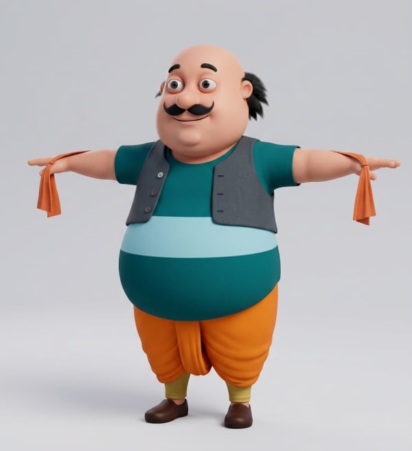 3D Motu Patlu Cartoon Motu Character T-Pose Reference Model