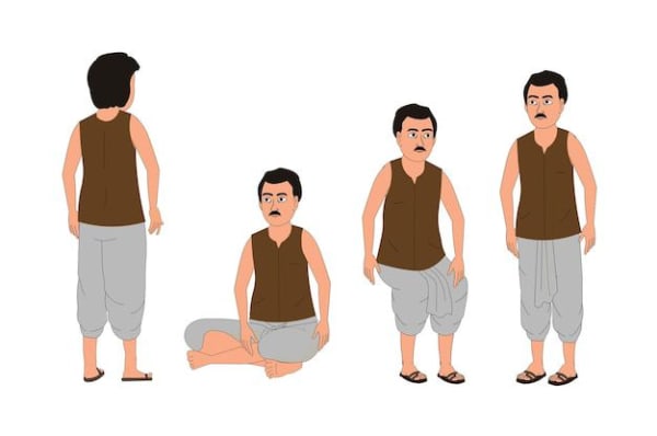 Indian Village Man Multiple Poses 2D Cartoon Character Sheet