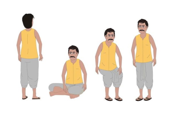 Indian Village Man in Yellow Shirt Multiple Poses 2D Cartoon Character Sheet