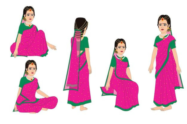 Indian Woman in Pink Saree with Jewelry Multiple Poses 2D Cartoon Character Sheet