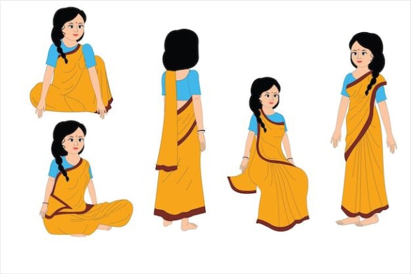 Young Indian Village Woman in Yellow Saree Multiple Poses 2D Cartoon Character Sheet
