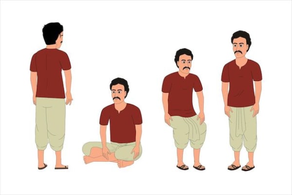 Indian Village Man in Maroon Shirt Multiple Poses 2D Cartoon Character Sheet
