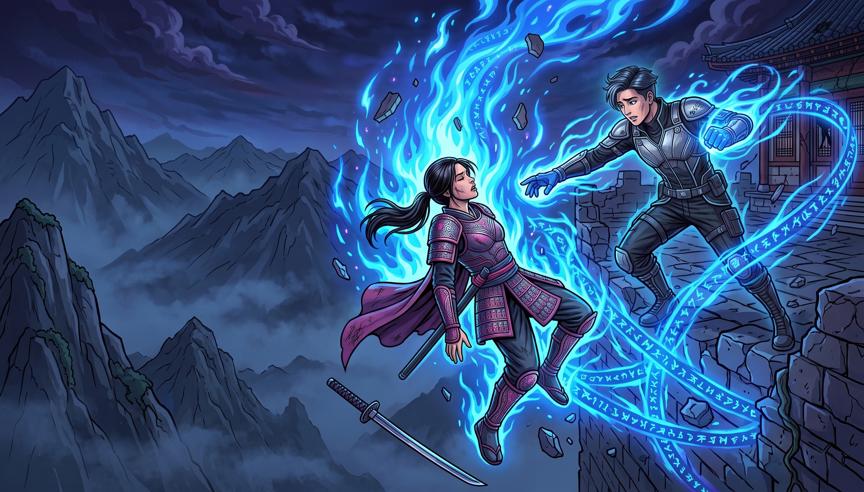 Epic Anime Fantasy Magic Battle 2D Illustration