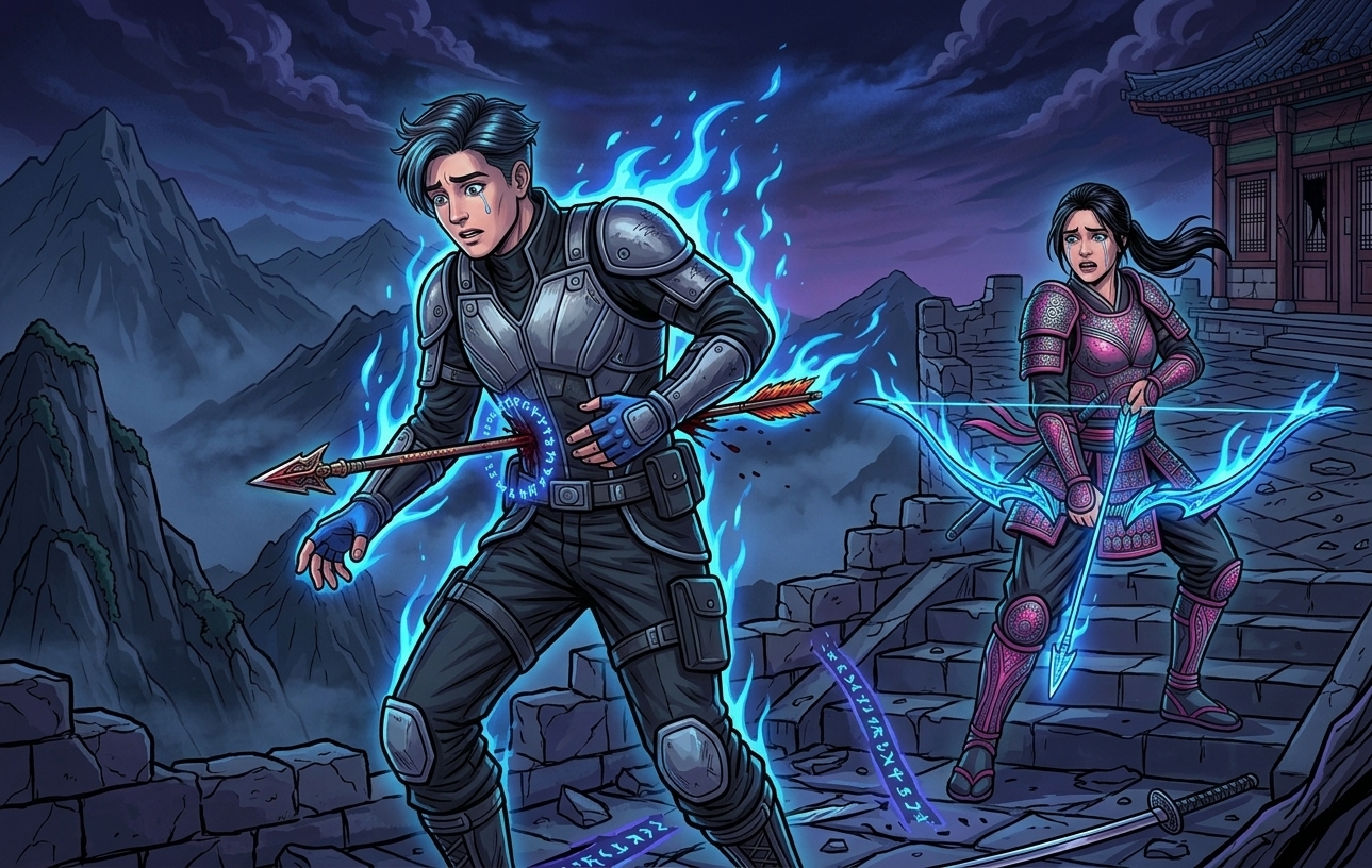 Tragic Fantasy Anime Art: Wounded Male Warrior with Magic Arrow and Blue Rune Glow, and Crying Female Archer.