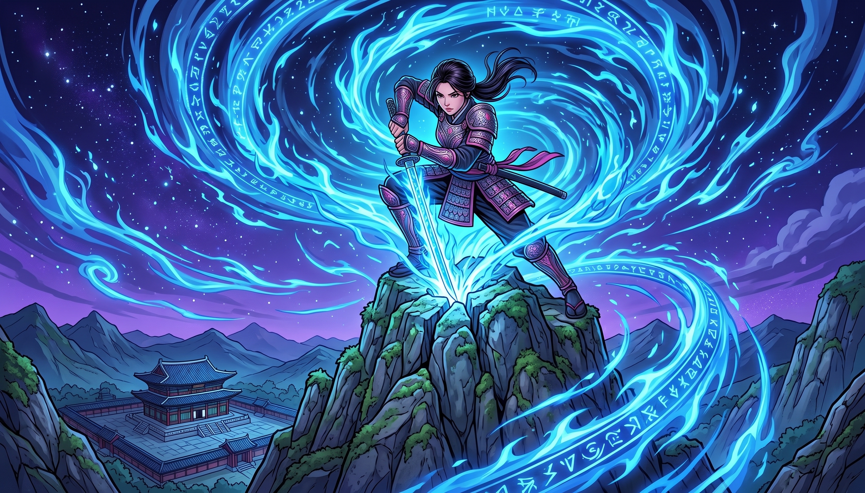 Fantasy Swordswoman with Glowing Rune Vortex on Mountain Peak Vector Art
