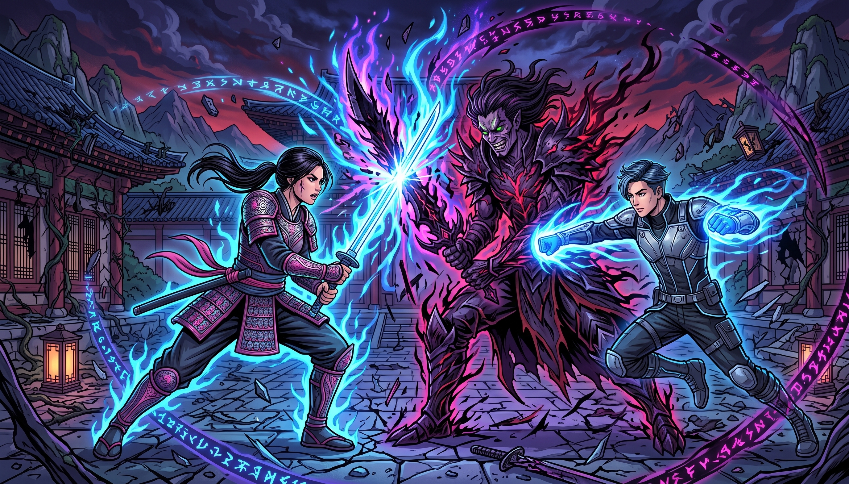 Anime Heroes vs Demon Boss Battle in Temple Ruins Vector Art