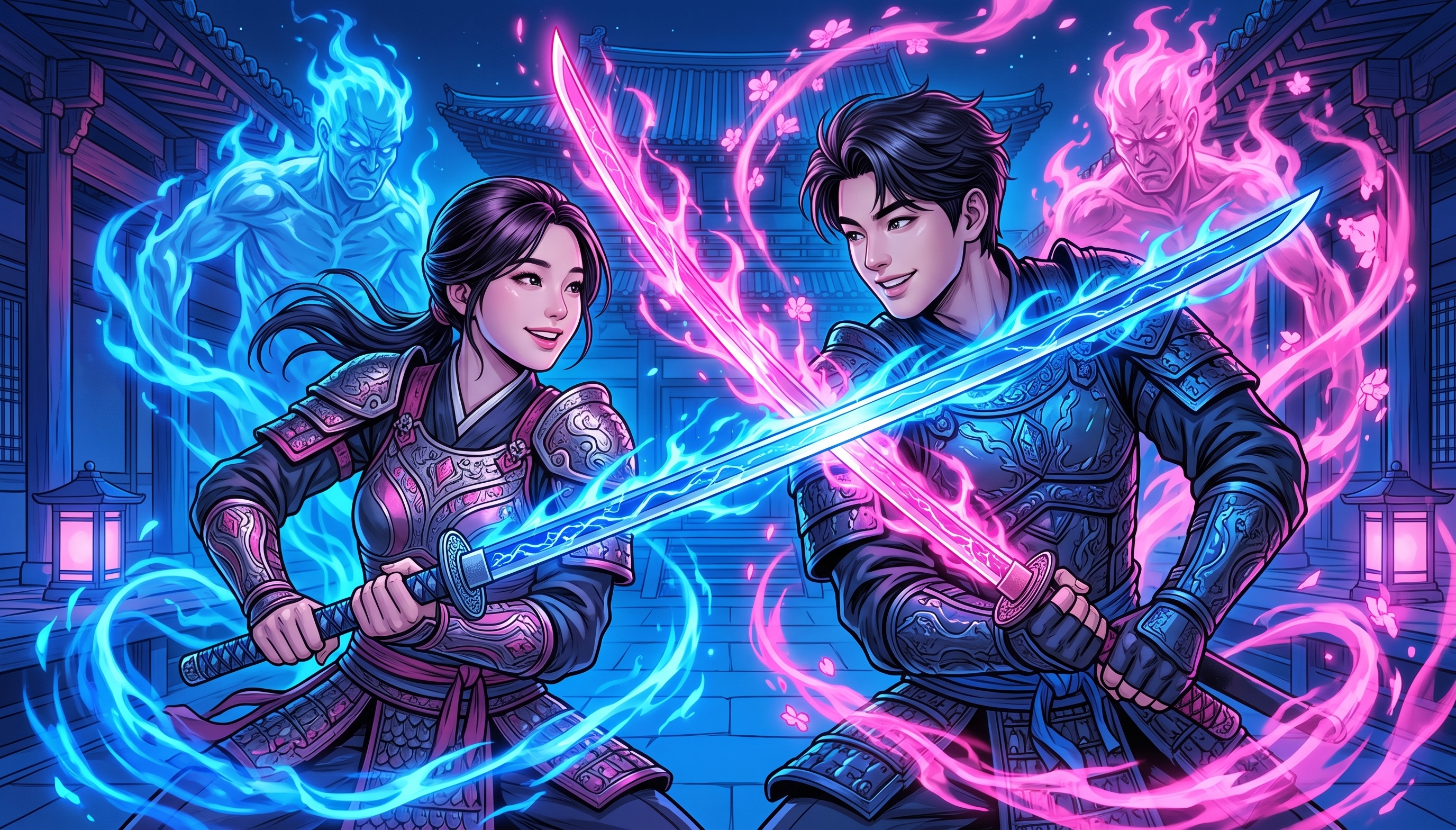 Epic Anime Warriors Clashing Magic Swords with Spirit Avatars Vector Art