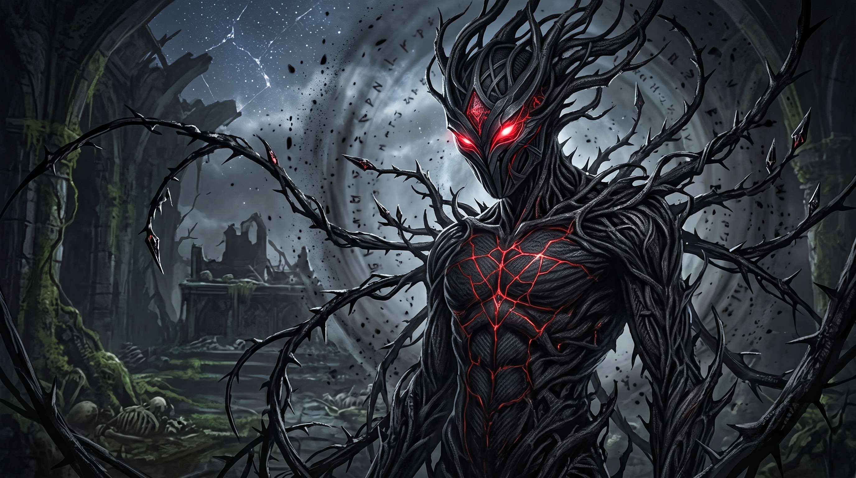 Dark Fantasy Thorny Demon Monster with Glowing Red Energy Concept Art