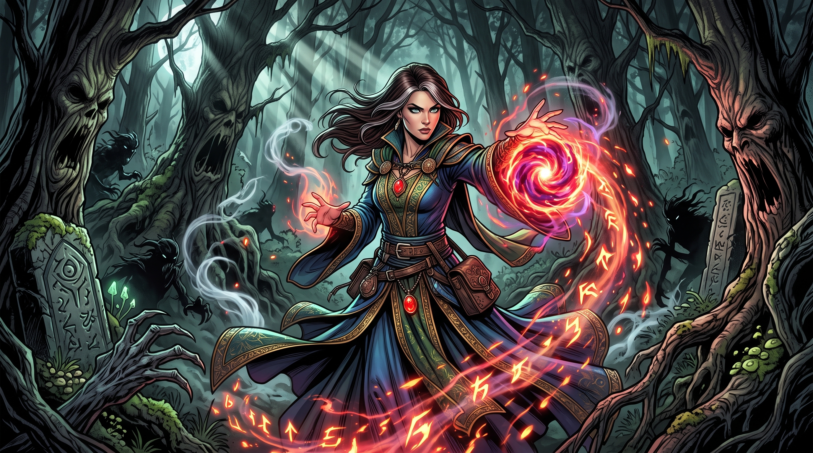 Powerful Female Mage Conjuring Glowing Spell among Creepy Trees Illustration