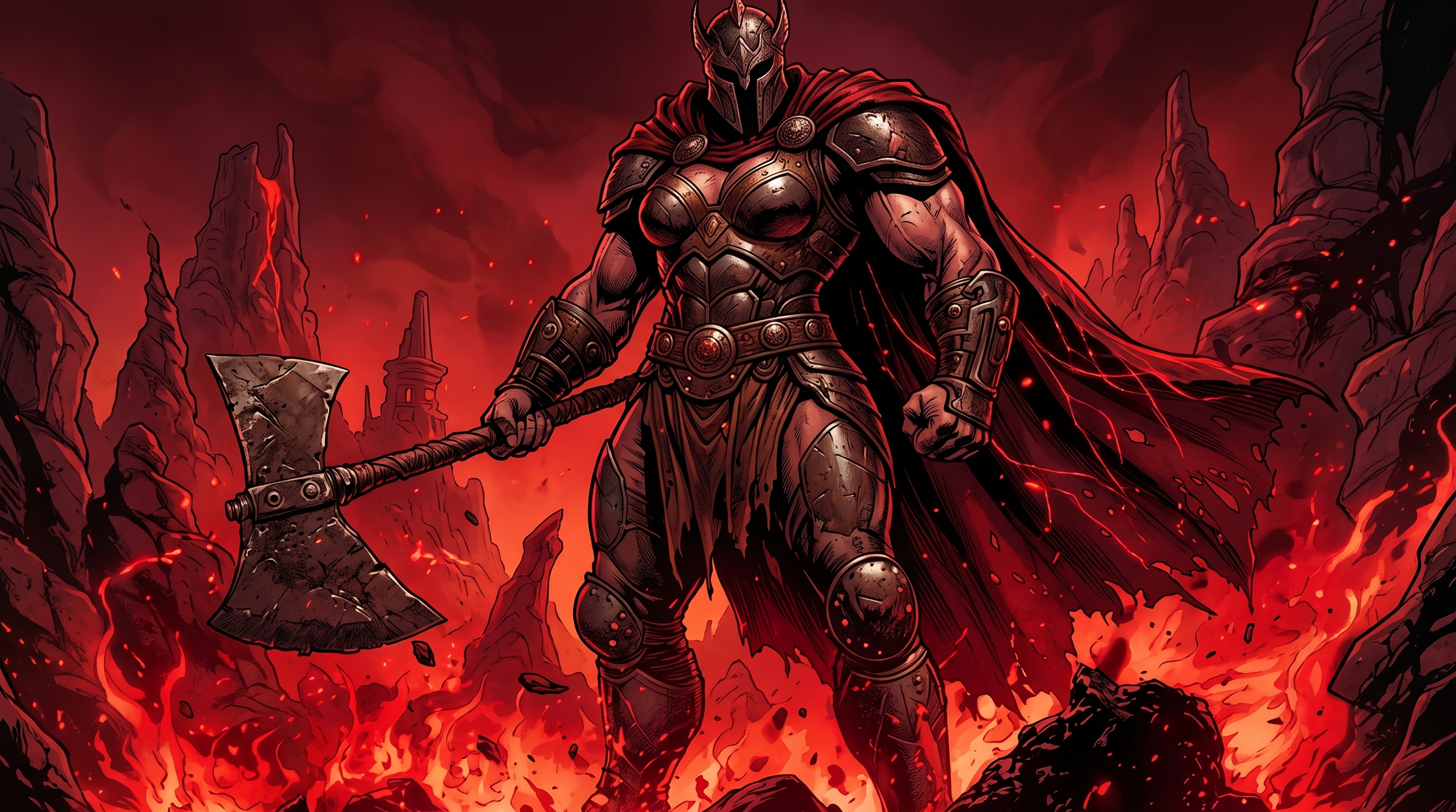 Dark Fantasy Armored Warrior with Battle Axe Vector Illustration