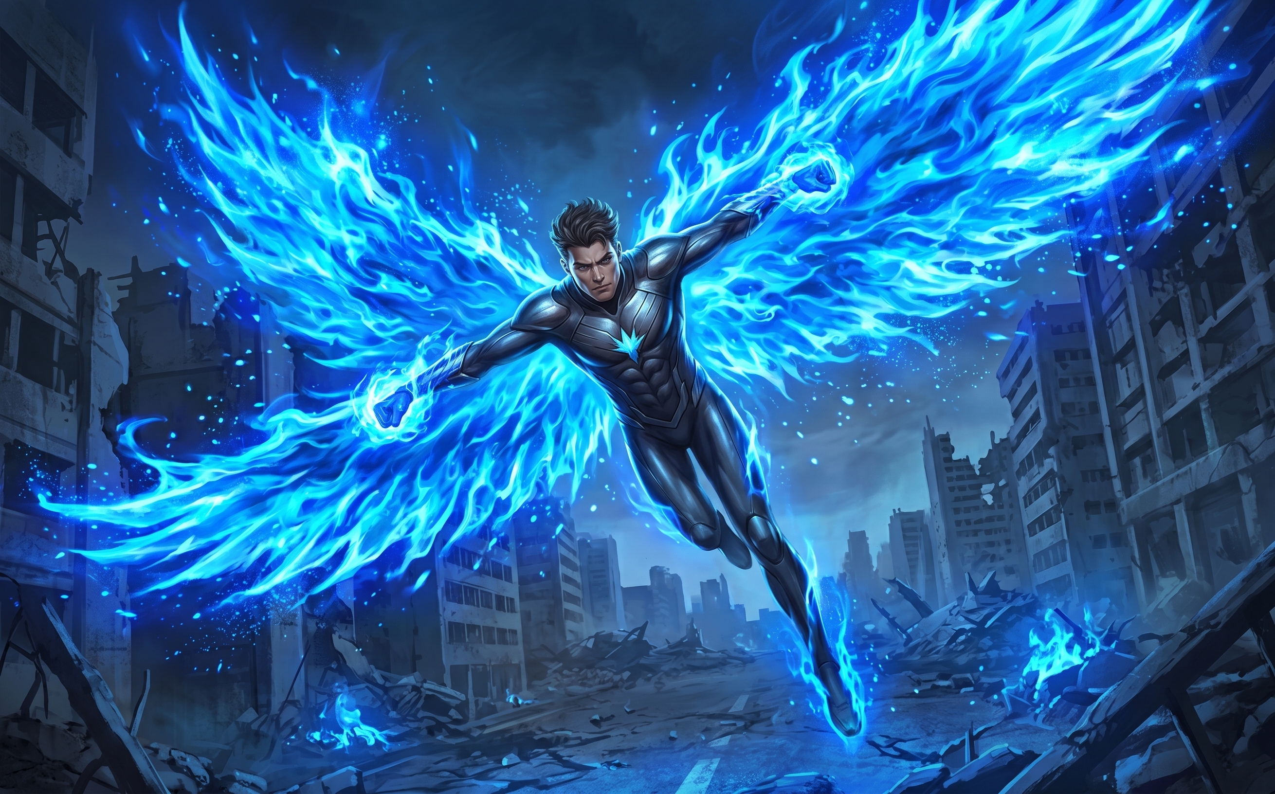 Superhero with Glowing Blue Fire Wings in Ruined City Vector Illustration