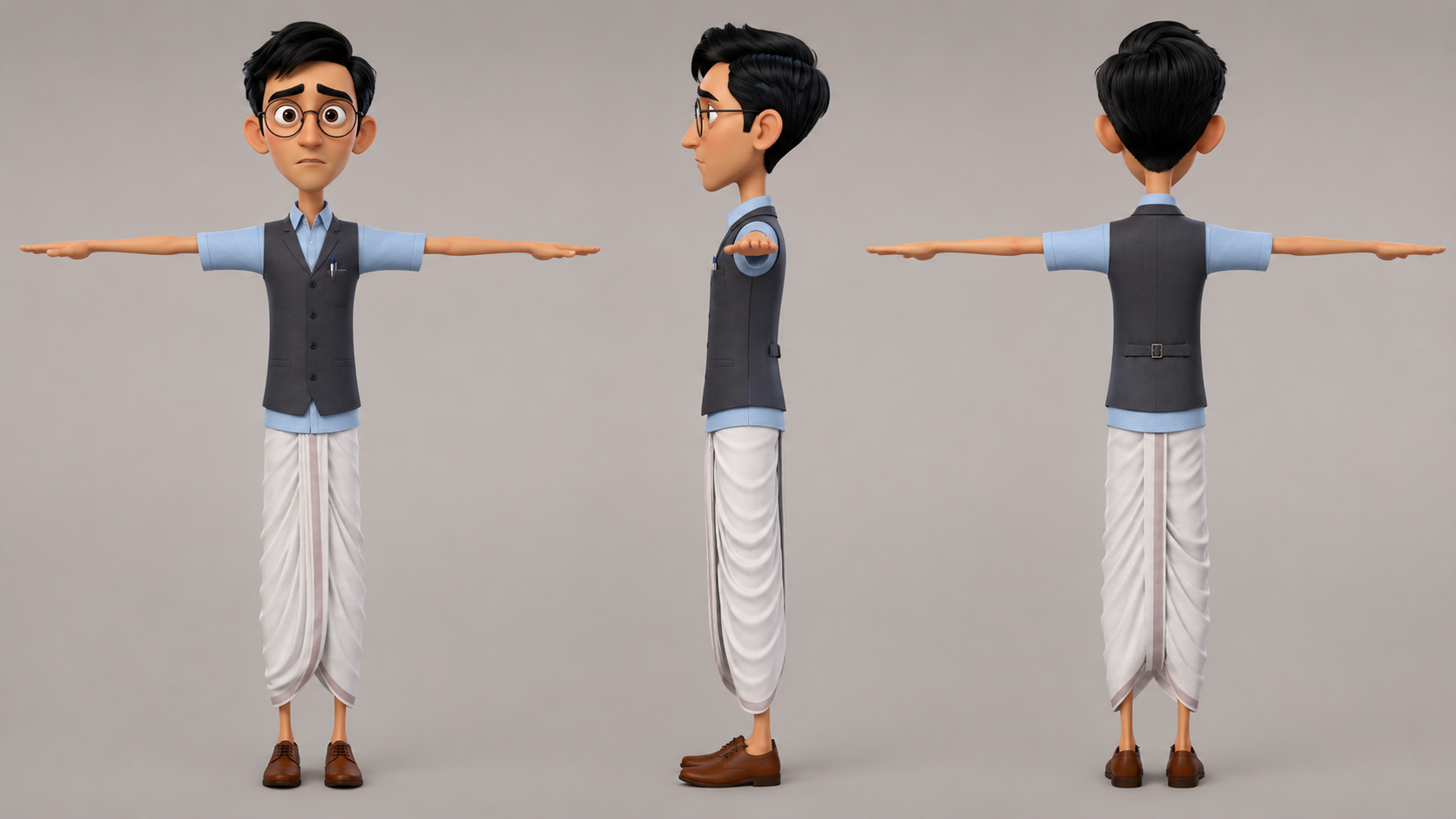 3D Cartoon Indian Male Character Turnaround T-Pose Reference Sheet