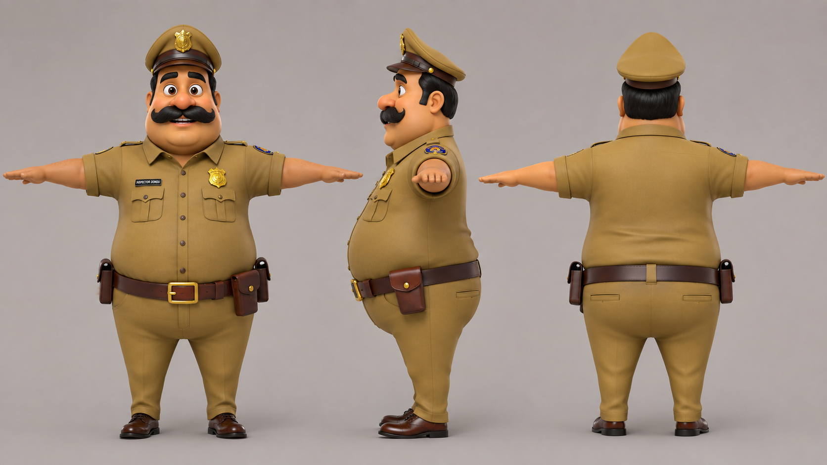 3D Cartoon Police Officer Character Turnaround T-Pose Reference Sheet