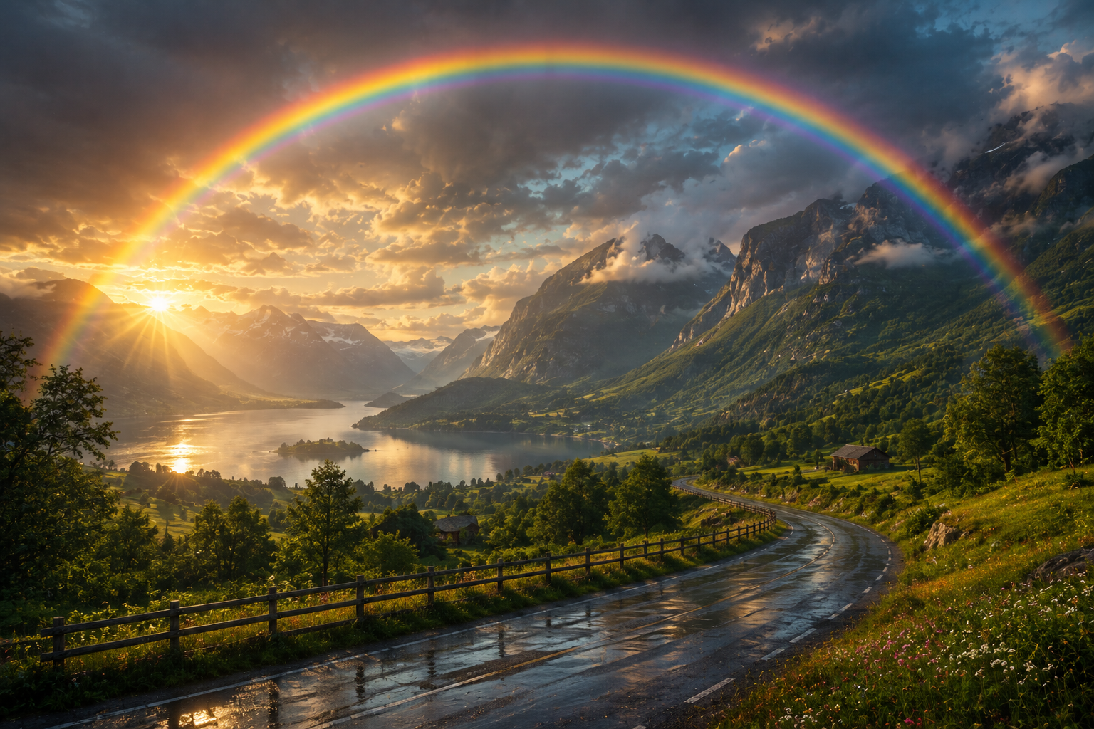 Beautiful Mountain Landscape with Rainbow and Sunset Background