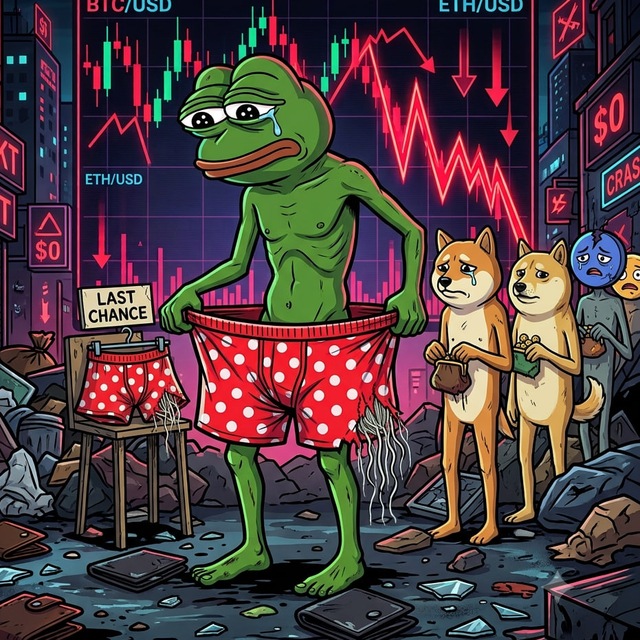 Crypto Market Crash Meme Sad Pepe Frog and Doge Illustration
