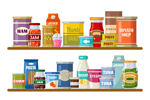 Flat Design Supermarket Grocery Pantry Shelves Vector Illustration