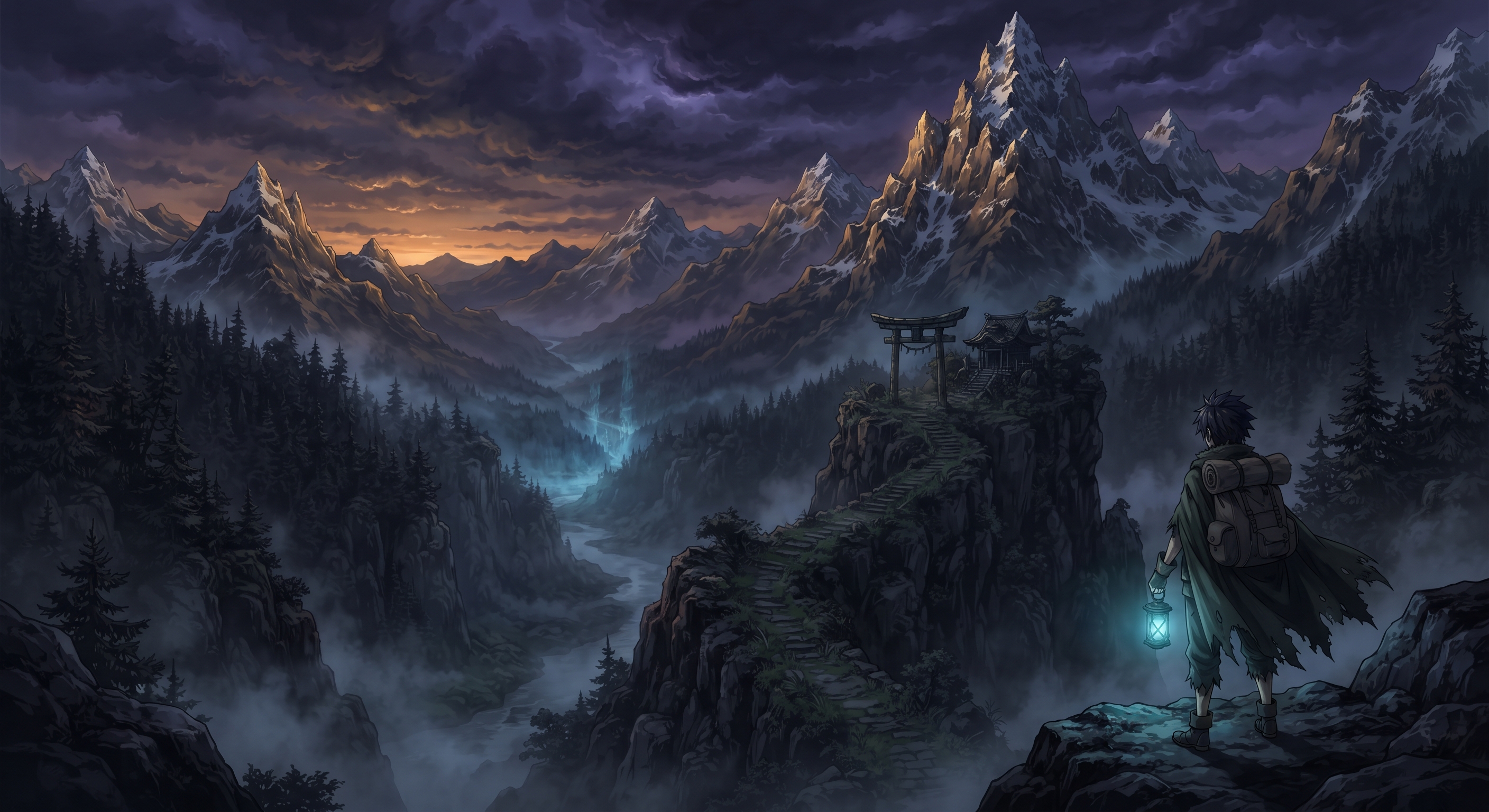 Epic Anime Fantasy Landscape with Traveler and Japanese Shrine Background