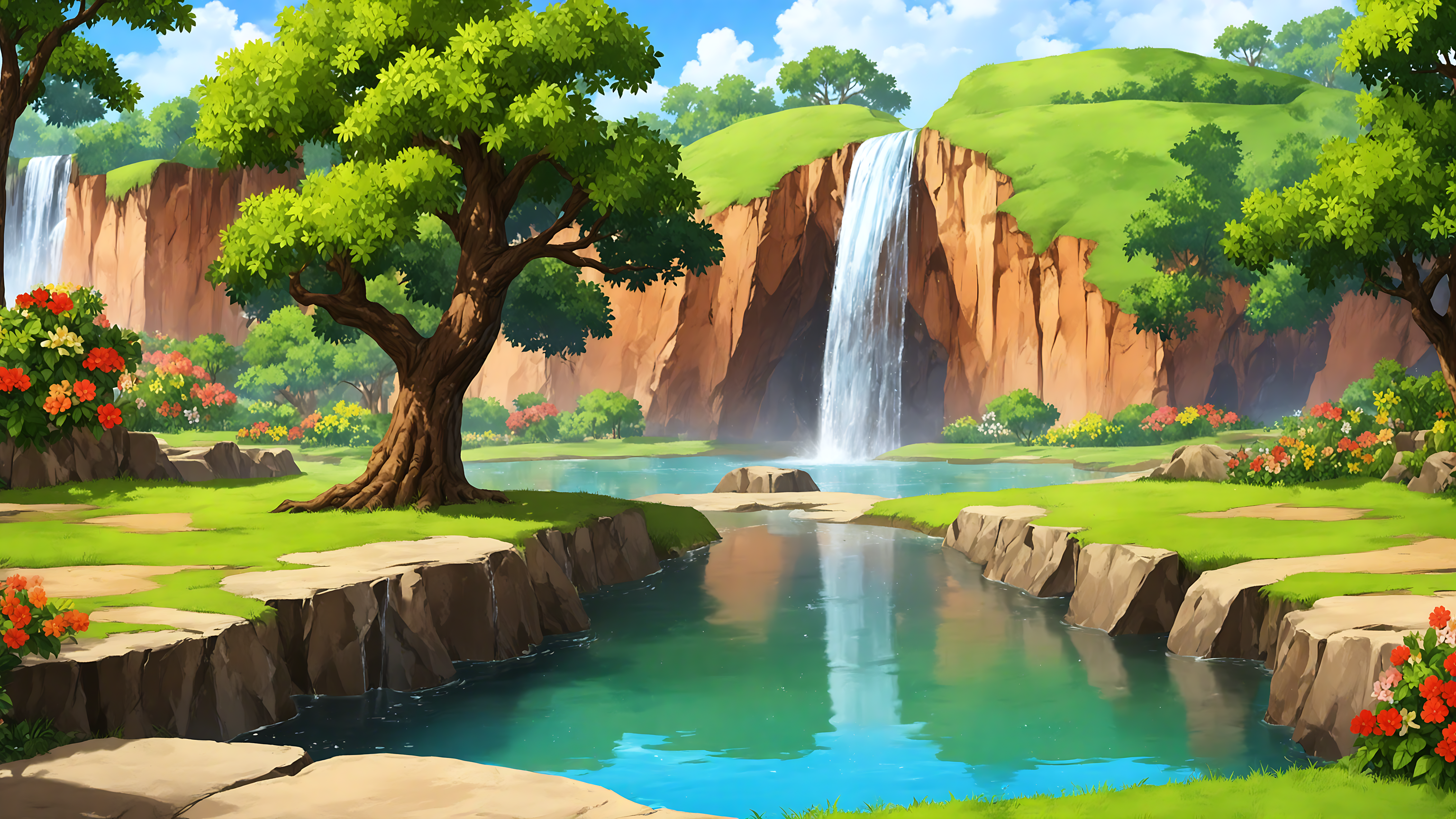 Beautiful Waterfall and Jungle River 2D Cartoon Background for Moral Stories