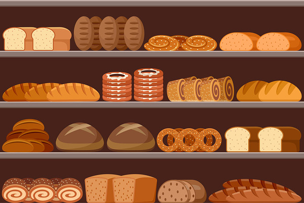 2D Cartoon Bakery Shelves with Fresh Bread and Pastries Vector Prop