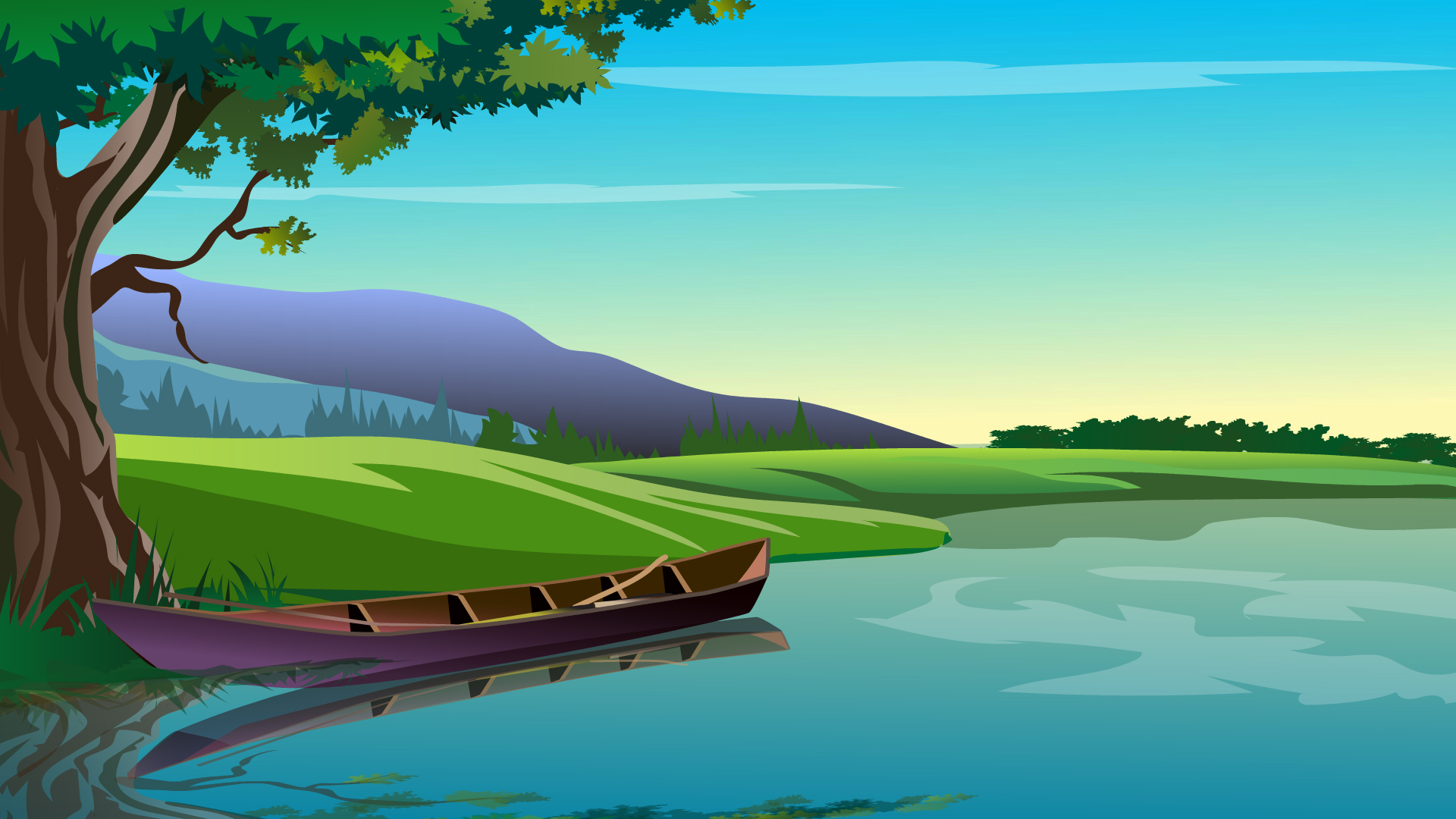 Peaceful River Bank with Wooden Boat and Mountains 2D Cartoon Background