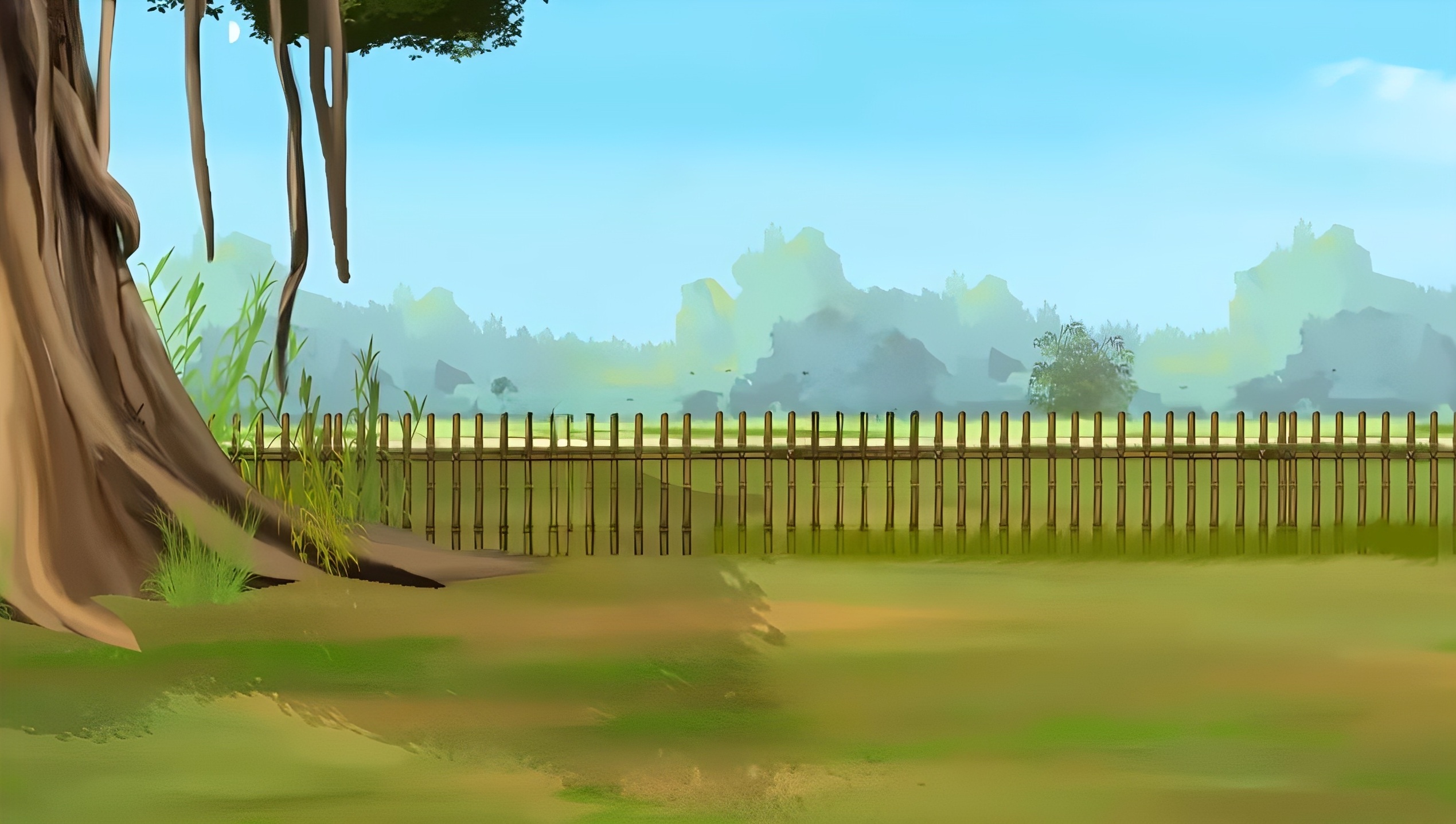 Large Tree and Bamboo Fence over Field 2D Cartoon Village Background