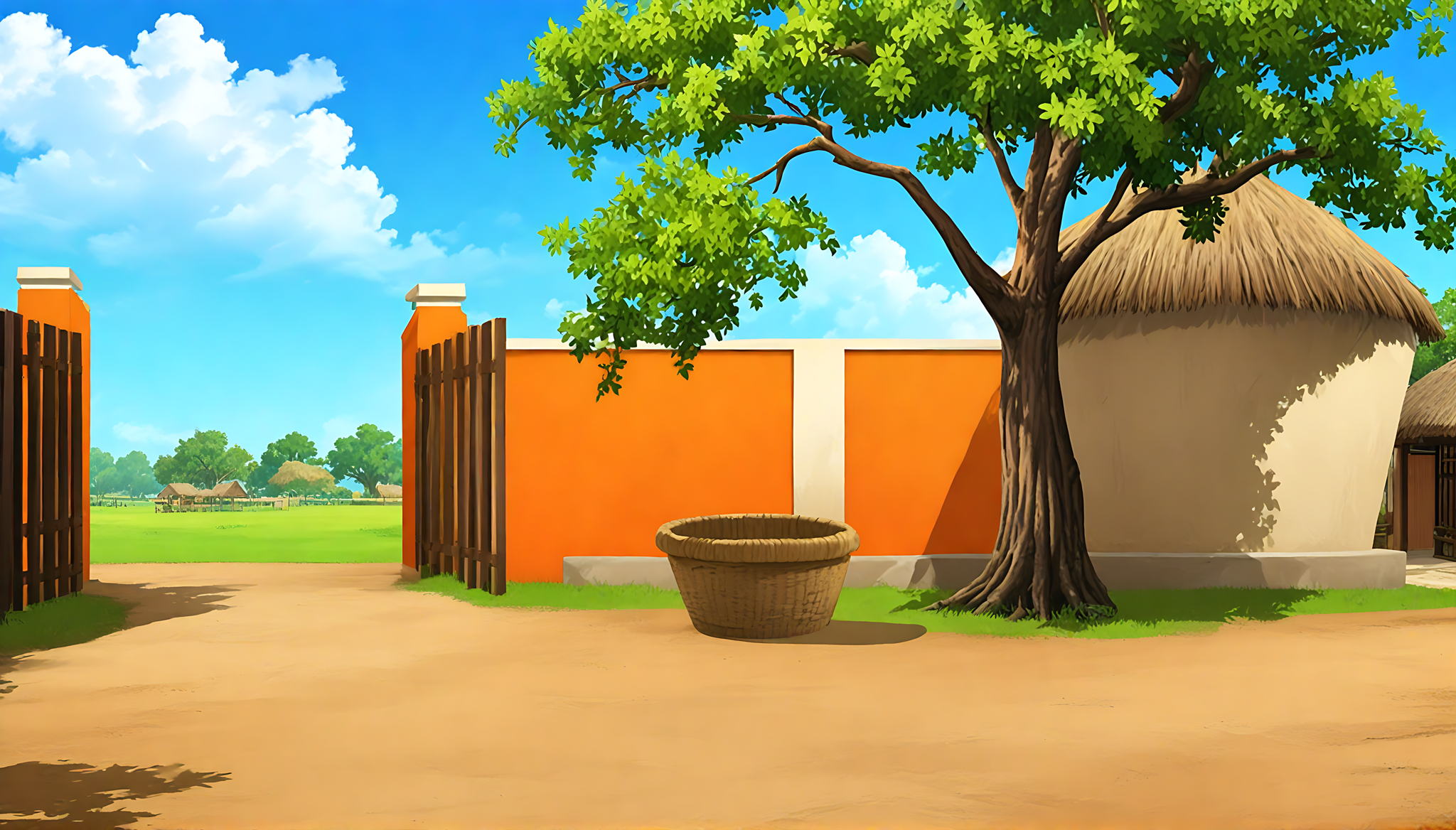 Traditional Rural Village House Courtyard 2D Cartoon Background