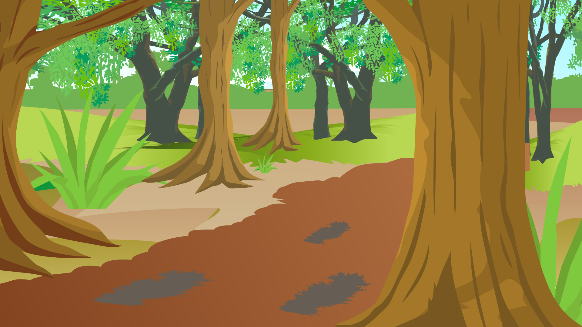 2D Cartoon Forest Path and Jungle Trail Vector Background