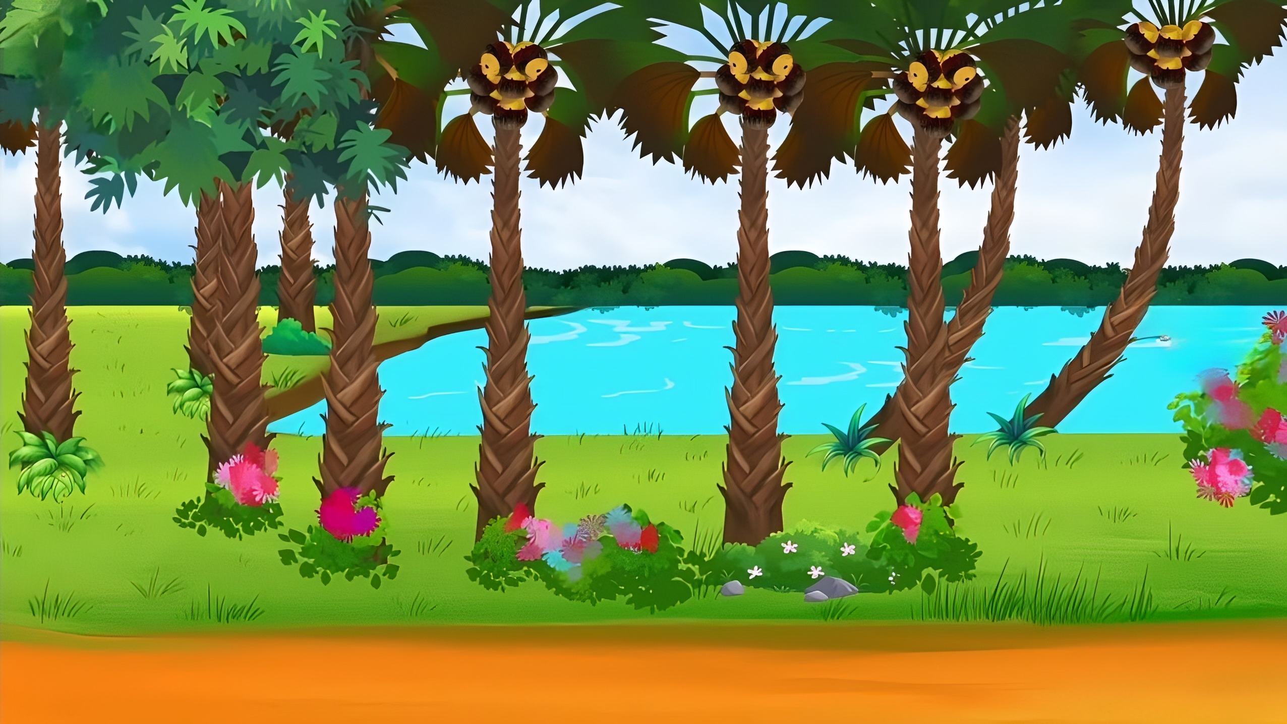 Row of Palm Trees by the River 2D Cartoon Background