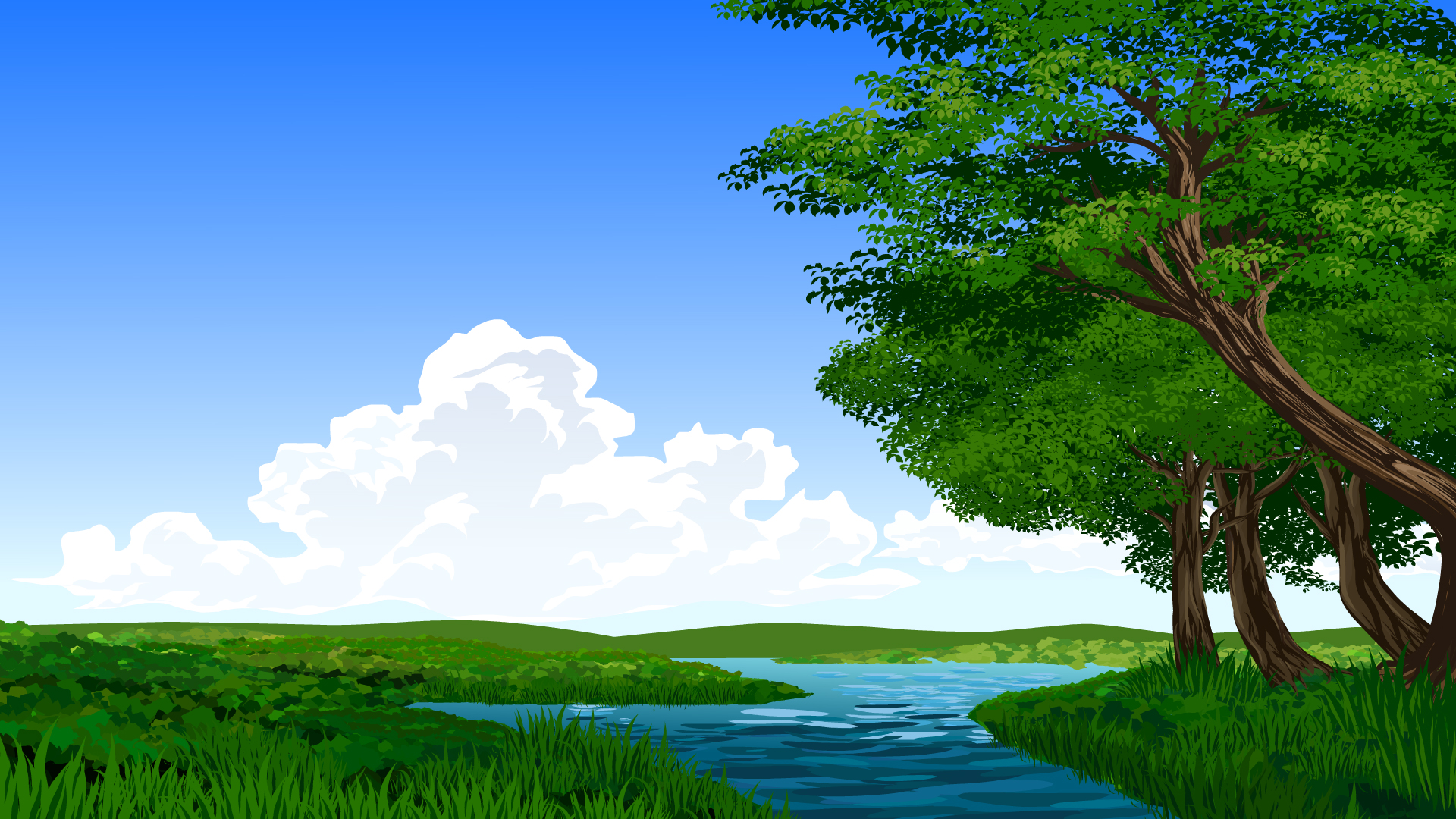 Sunny River Bank with Big Trees and Clouds 2D Cartoon Background