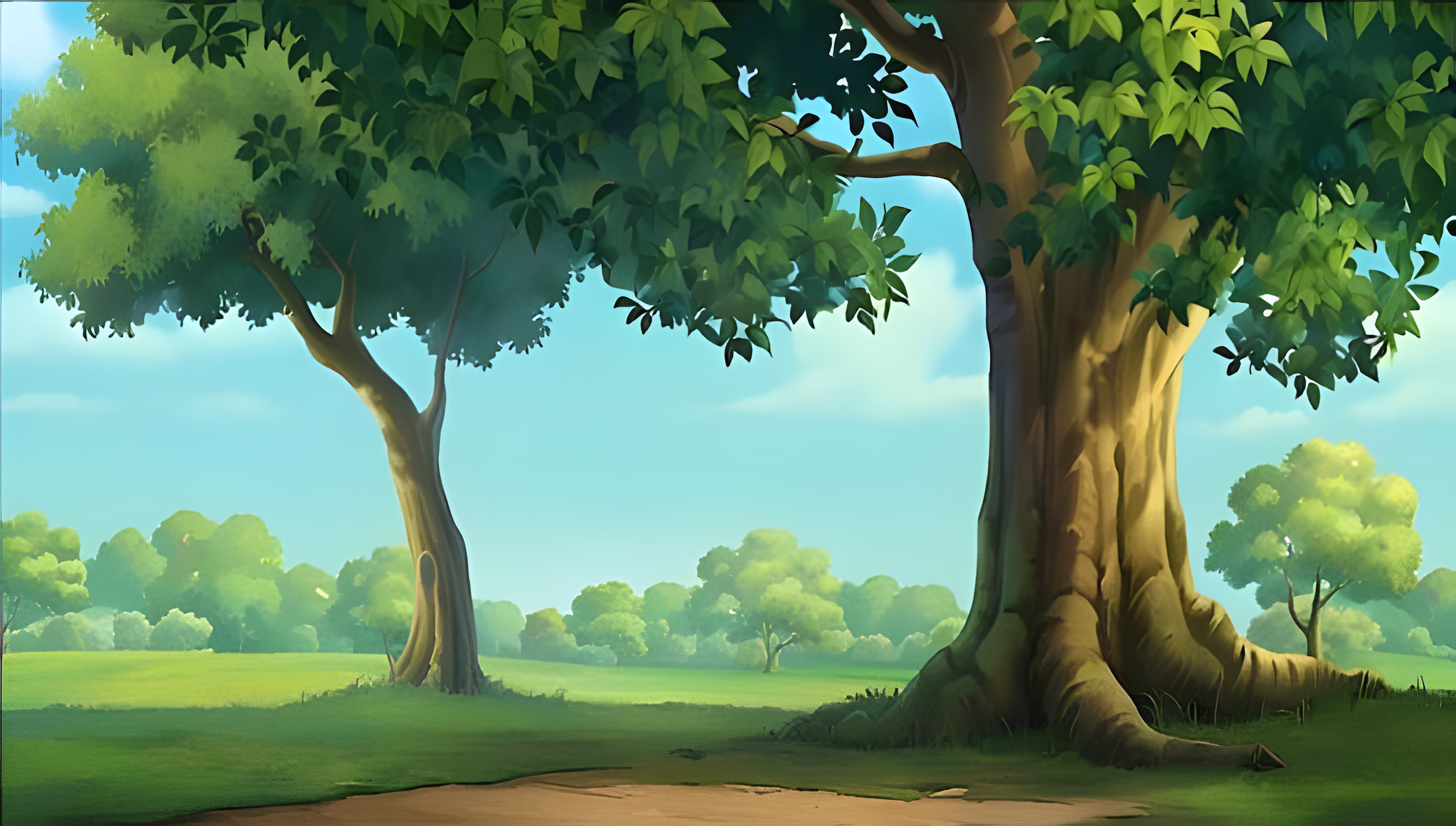 Big Tree and Green Meadow 2D Cartoon Nature Background