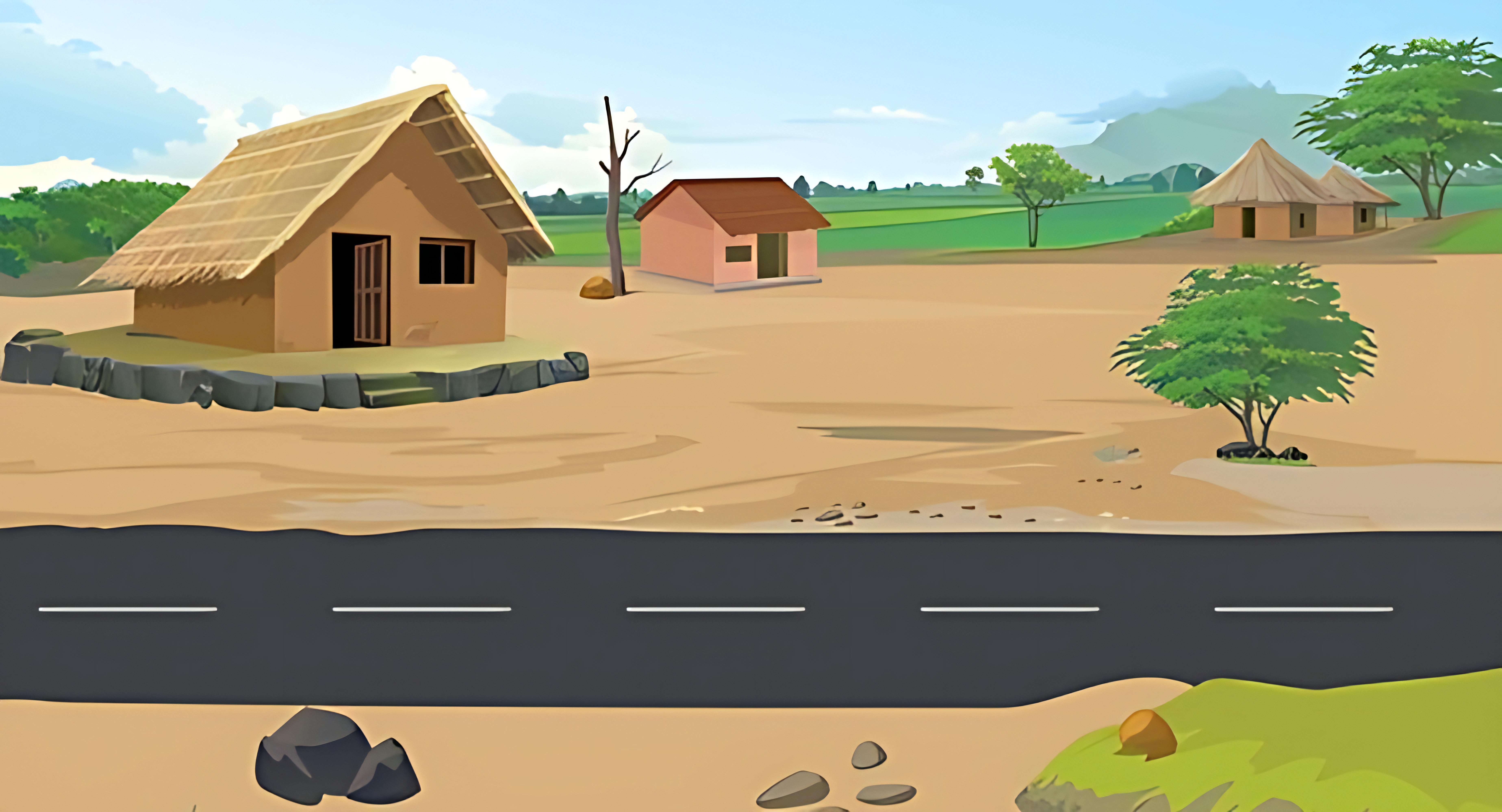 Rural Village with Highway Road 2D Cartoon Background
