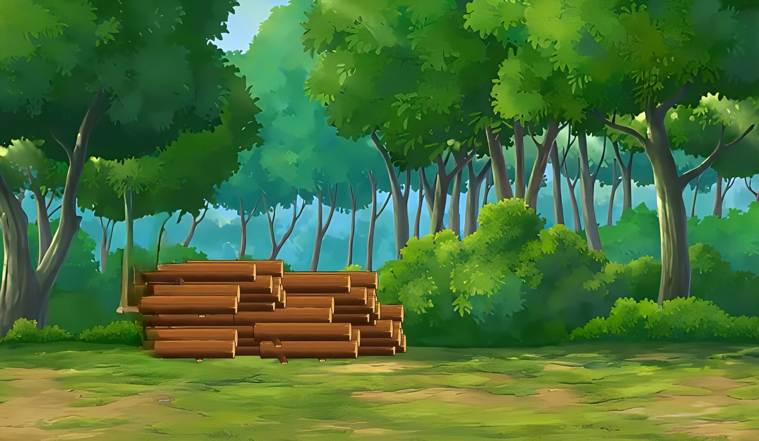 Green Forest Clearing with Stacked Wooden Logs 2D Cartoon Background
