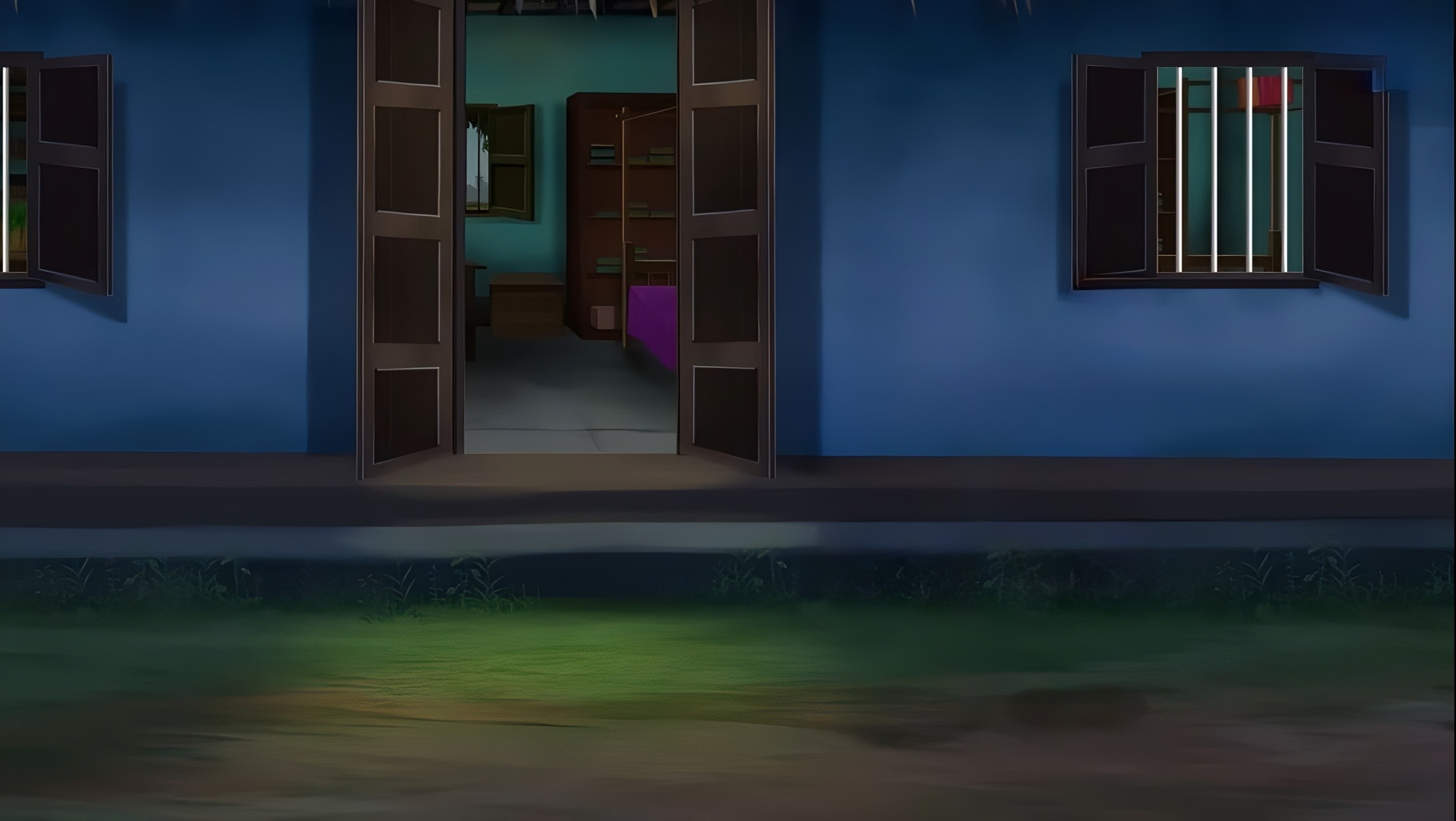 Rural Blue Village House Exterior Night Scene 2D Cartoon Background