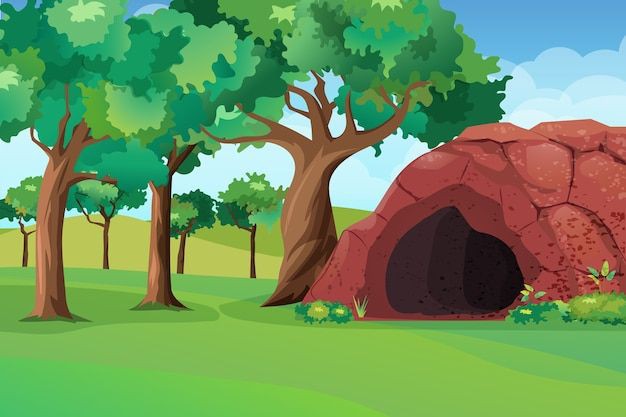 Jungle Cave and Green Forest 2D Cartoon Nature Background
