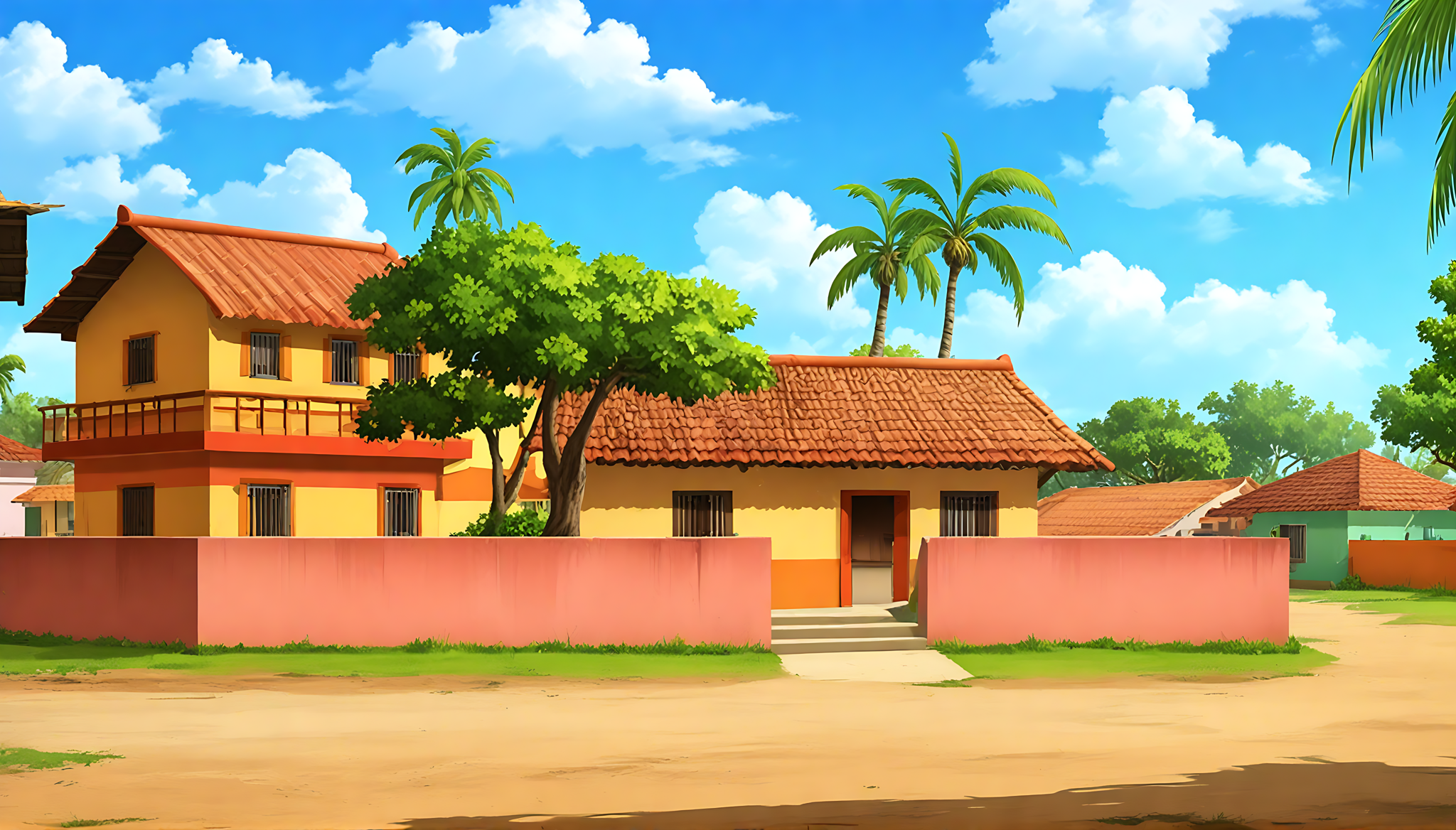 Modern Village House with Tiled Roof and Palm Trees 2D Cartoon Background