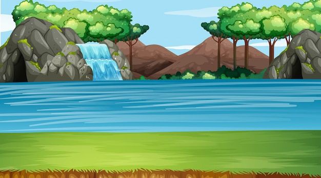 2D Cartoon River Landscape with Waterfall and Caves Vector Background