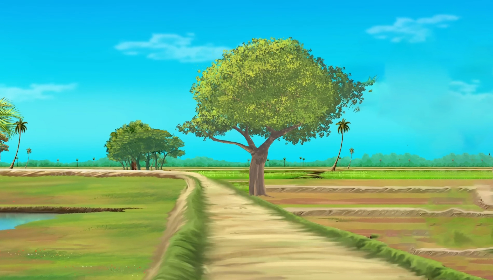 Sunny Village Dirt Road and Agricultural Field 2D Cartoon Background