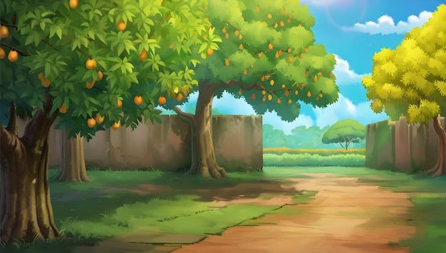 Sunny Fruit Orchard and Village Path 2D Cartoon Background