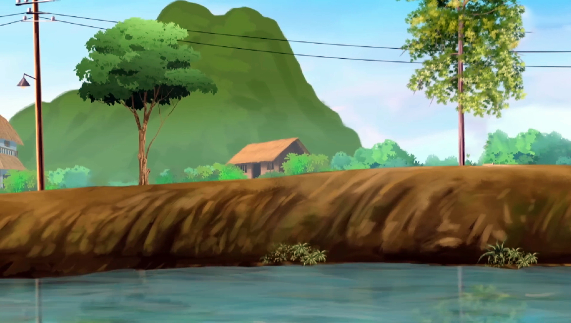 Rural River Bank with Mud Path and Mountain 2D Cartoon Background