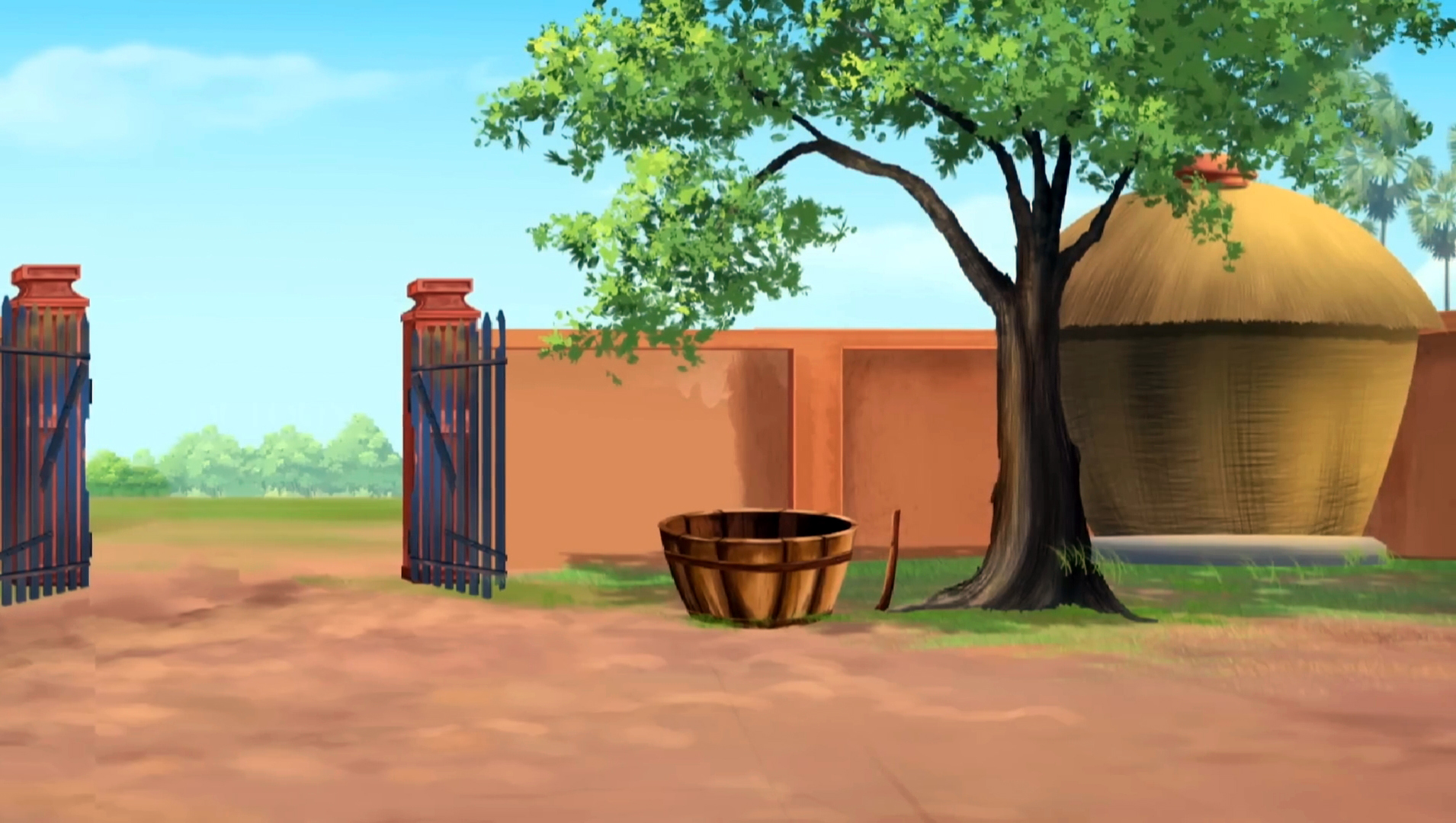 Rural Village House Courtyard and Open Gate 2D Cartoon Background